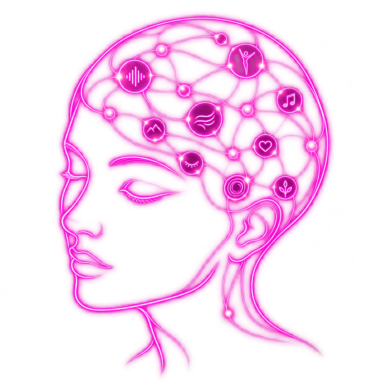 Magenta profile of a woman singing with connected cue nodes inside her head